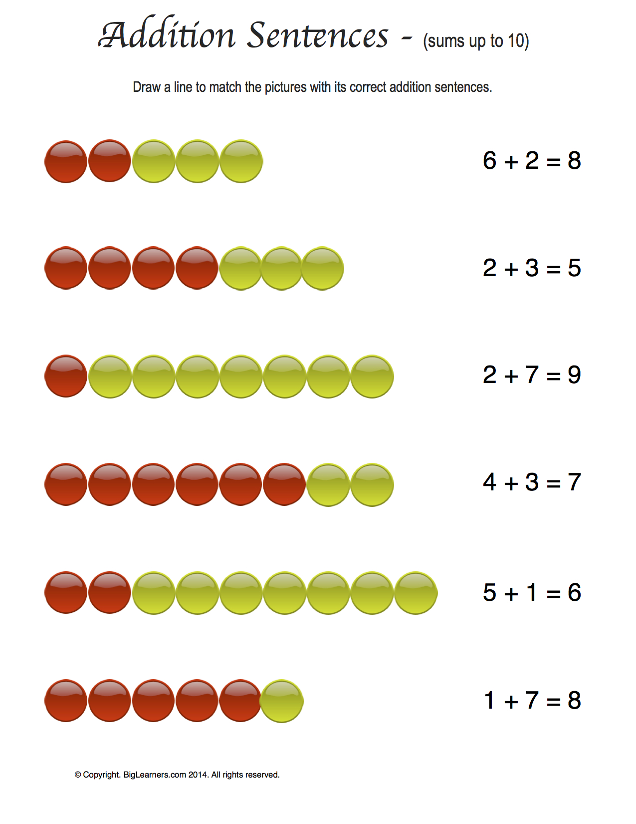 Preview image for worksheet with title Addition Sentences (sums up to 10)