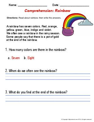 Preview image for worksheet with title Comprehension : Rainbows