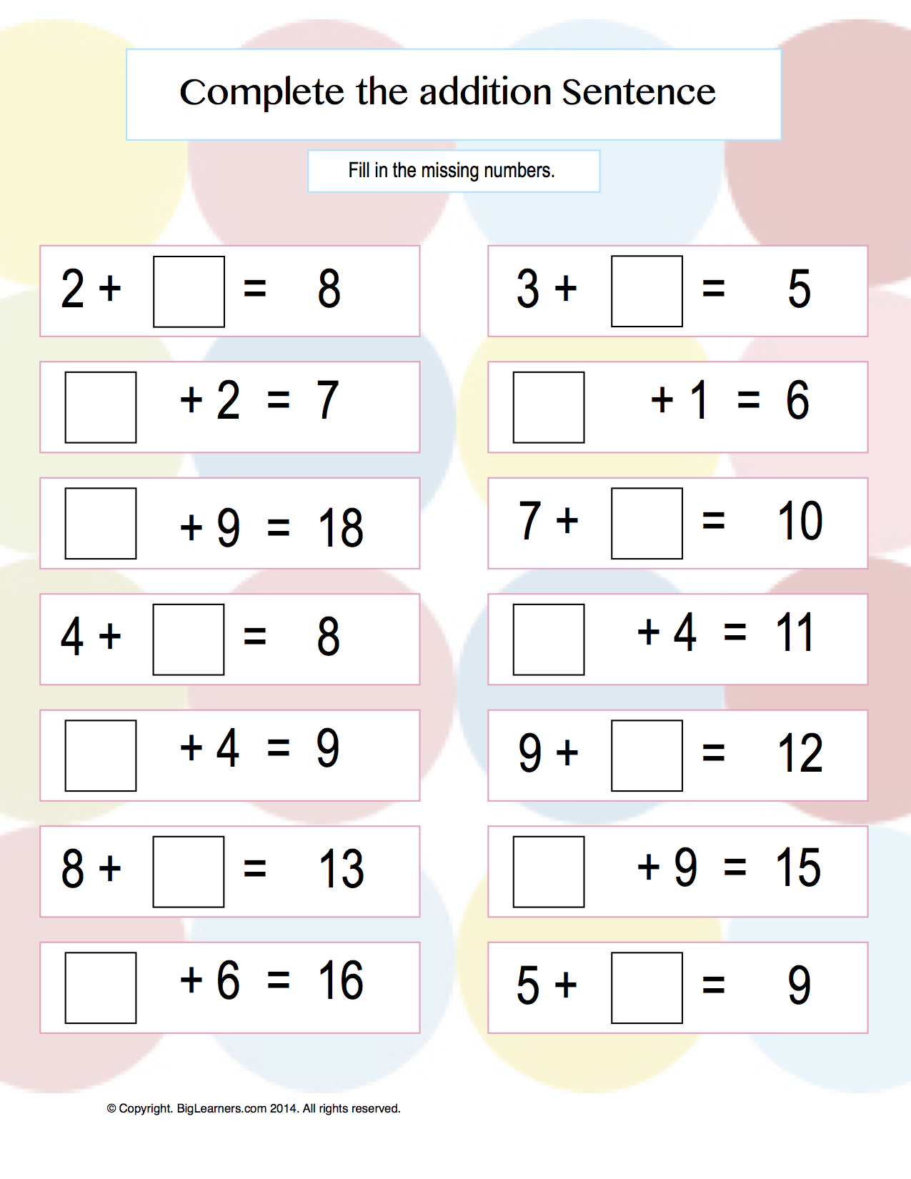 Addition Sentences and Equations | First Grade Math Worksheets