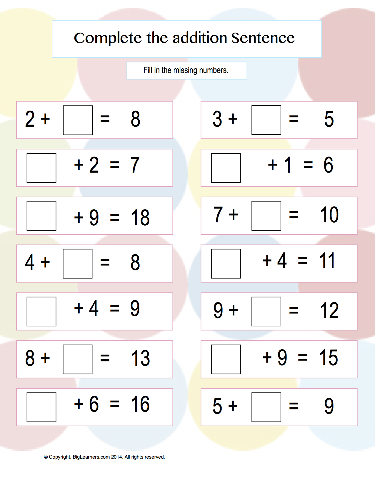 Preview image for worksheet with title Complete the addition Sentence