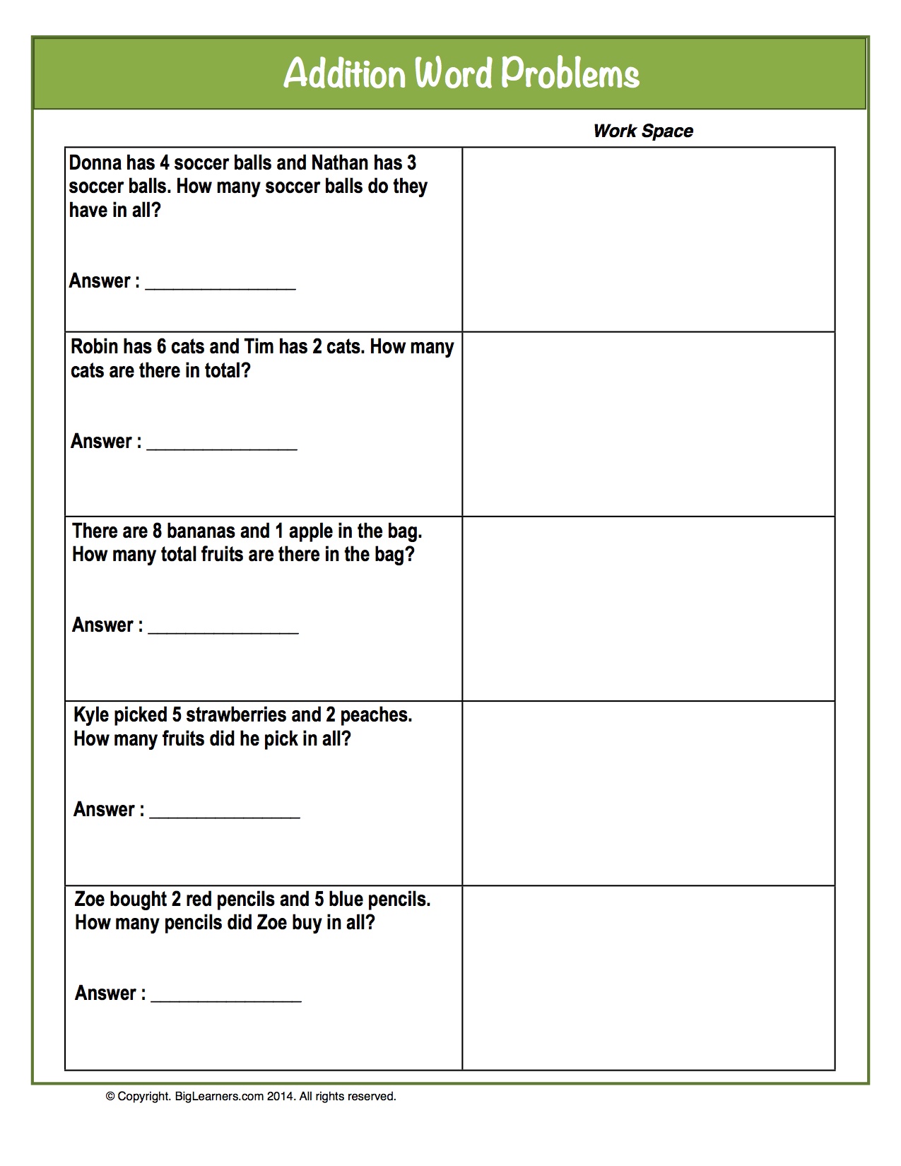 Preview image for worksheet with title Addtion - Word problems