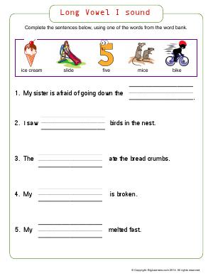 Preview image for worksheet with title Long Vowel I Sound