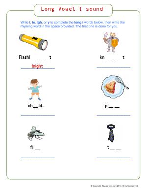 Preview image for worksheet with title Long Vowel I Sound (i, ie, igh,y)