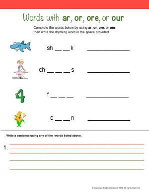Preview image for worksheet with title Words With : ar, or, ore, our