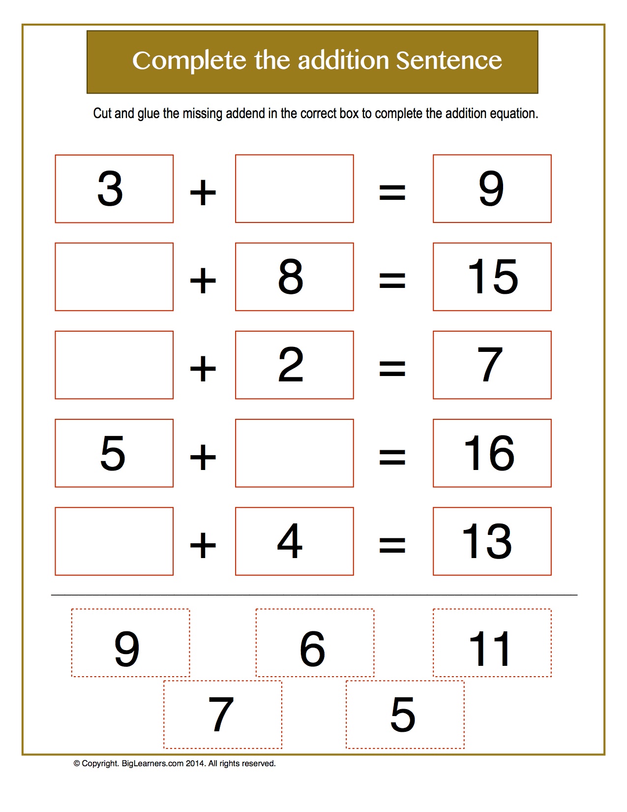 Preview image for worksheet with title Complete the Addition Sentence