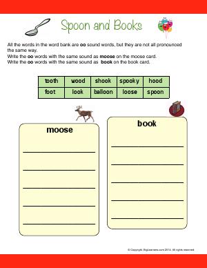 Preview image for worksheet with title Spoon and Books ("oo" Sound)