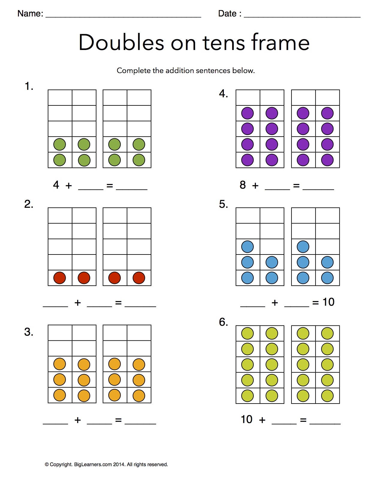 Preview image for worksheet with title Doubles on Tens Frames