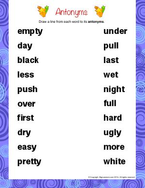 Preview image for worksheet with title Antonyms