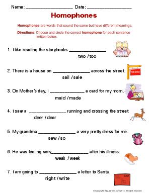 Preview image for worksheet with title Homophones