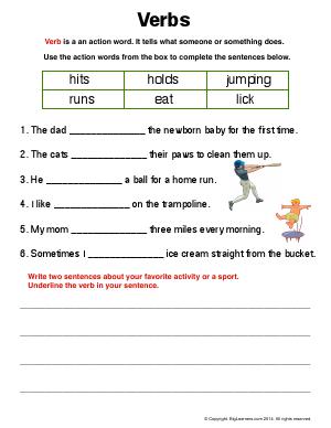 Preview image for worksheet with title Verbs