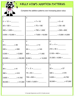 Preview image for worksheet with title Kelly Cow's Addition Patterns