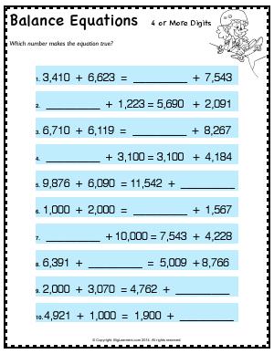 Preview image for worksheet with title Balance Equations - 4 or More Digits