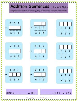 Preview image for worksheet with title Addition Sentences - Up to 3-Digits