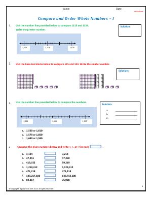 Preview image for worksheet with title Compare and Order Whole Numbers - I