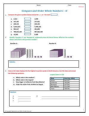Preview image for worksheet with title Compare and Order Whole Numbers - II