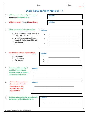 Preview image for worksheet with title Place Value Through Millions - I