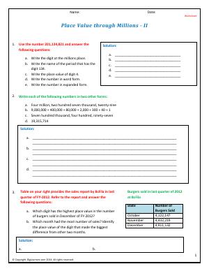 Preview image for worksheet with title Place Value Through Millions - II