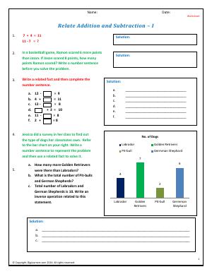 Preview image for worksheet with title Relate Addition and Subtraction - I