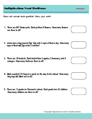 Preview image for worksheet with title Multiplication Word Problems