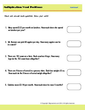 Preview image for worksheet with title Multiplication Word Problems