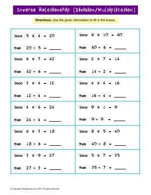 Preview image for worksheet with title Inverse Relationship (Division/Multiplication)