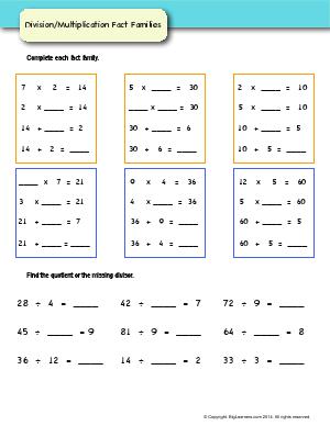 Preview image for worksheet with title Division/Multiplication Fact Families