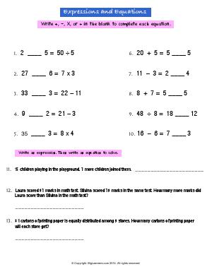 Preview image for worksheet with title Expressions and Equations