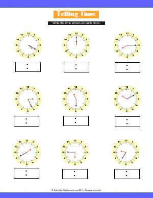 Preview image for worksheet with title Telling Time