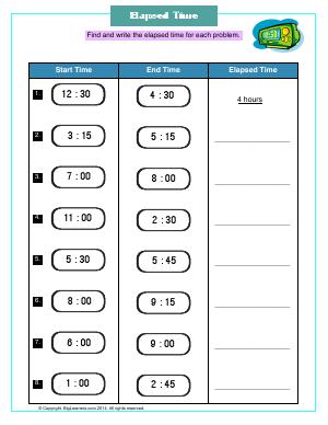 Preview image for worksheet with title Elapsed Time