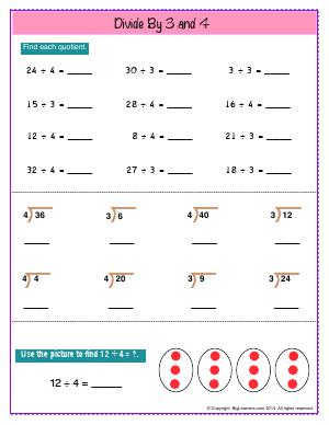 Preview image for worksheet with title Divide By 3 and 4
