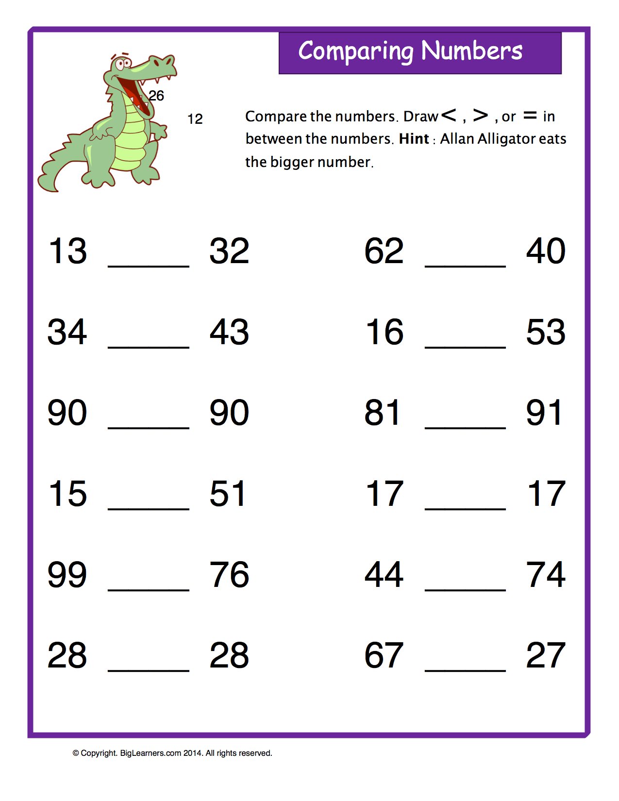 Preview image for worksheet with title Comaparing Numbers