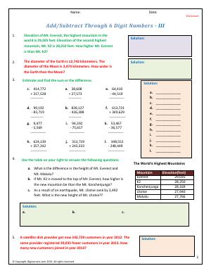 Preview image for worksheet with title Add/Subtract Through 6 Digit Numbers - III