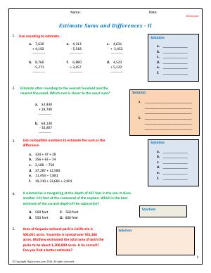 Preview image for worksheet with title Estimate Sums and Differences - II