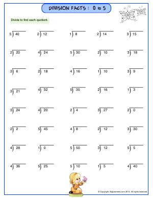 Preview image for worksheet with title Division Facts : 0 to 5