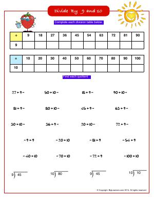 Preview image for worksheet with title Divide By 9 and 10