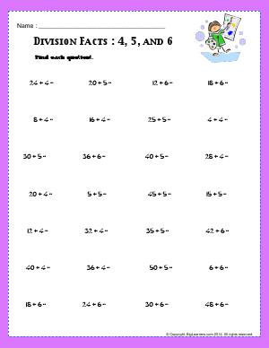 Preview image for worksheet with title Division Facts : 4, 5, and 6