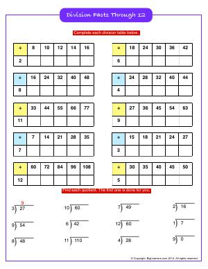 Preview image for worksheet with title Division Facts Through 12