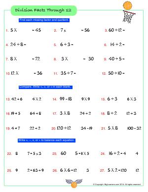 Preview image for worksheet with title Division Facts Through 12