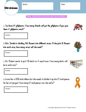 Preview image for worksheet with title Division (Word Problems)
