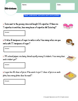 Preview image for worksheet with title Division (Word Problems)