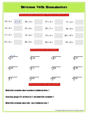 Preview image for worksheet with title Division With Remainders