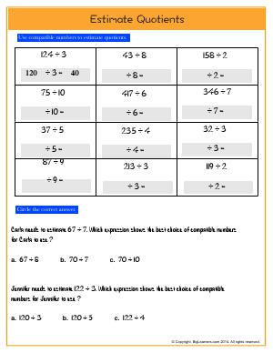 Preview image for worksheet with title Estimate  Quotients