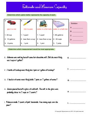 Preview image for worksheet with title Estimate and Measure Capacity