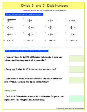 Preview image for worksheet with title Divide 2- and 3- Digit Numbers