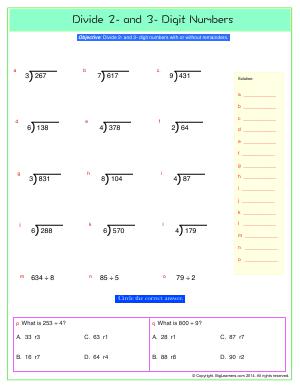 Preview image for worksheet with title Divide 2- and 3- Digit Numbers
