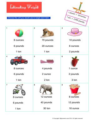 Preview image for worksheet with title Estimating Weight