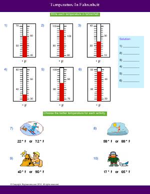 Preview image for worksheet with title Temperature In Fahrenheit