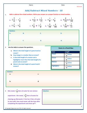 Preview image for worksheet with title Add/Subtract Mixed Numbers - III