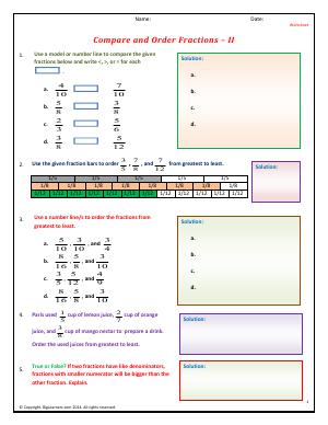 Preview image for worksheet with title Compare and Order Fractions - II