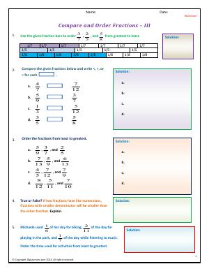 Preview image for worksheet with title Compare and Order Fractions - III